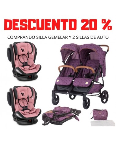 PACK AHORRO Silla gemelar PASSO DOBLE orchid + 2 silla de coche AVIATOR rose pink